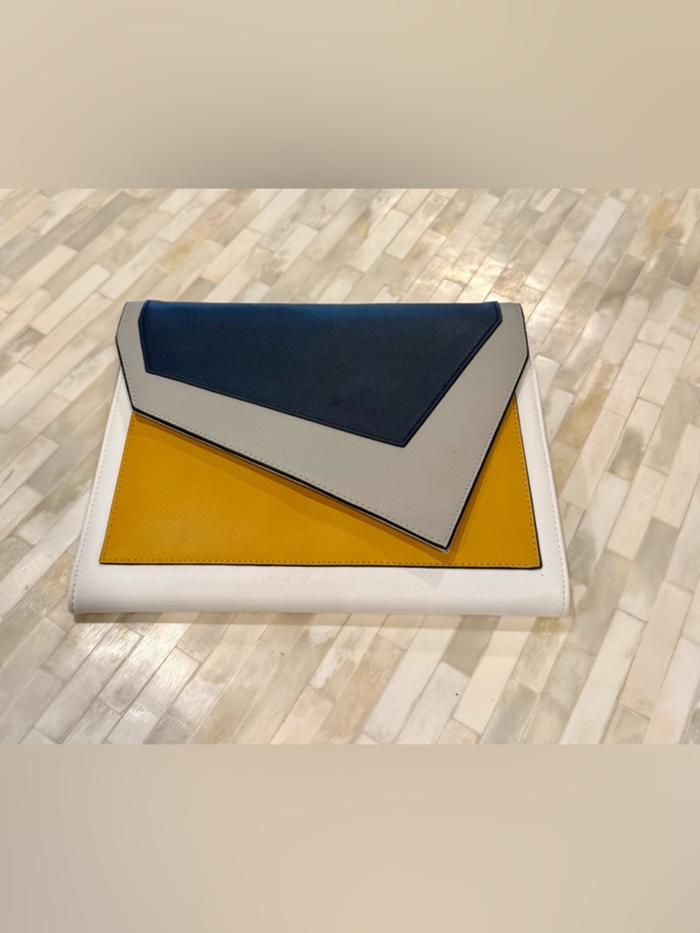 Colorblock Leather Envelope Clutch in Black, Gray, Mustard & White